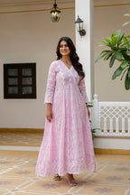 Lorenvalley Fashion Pink Mal Cotton Lakhnowi Work Gown Pant With Dupatta | Grocsy
