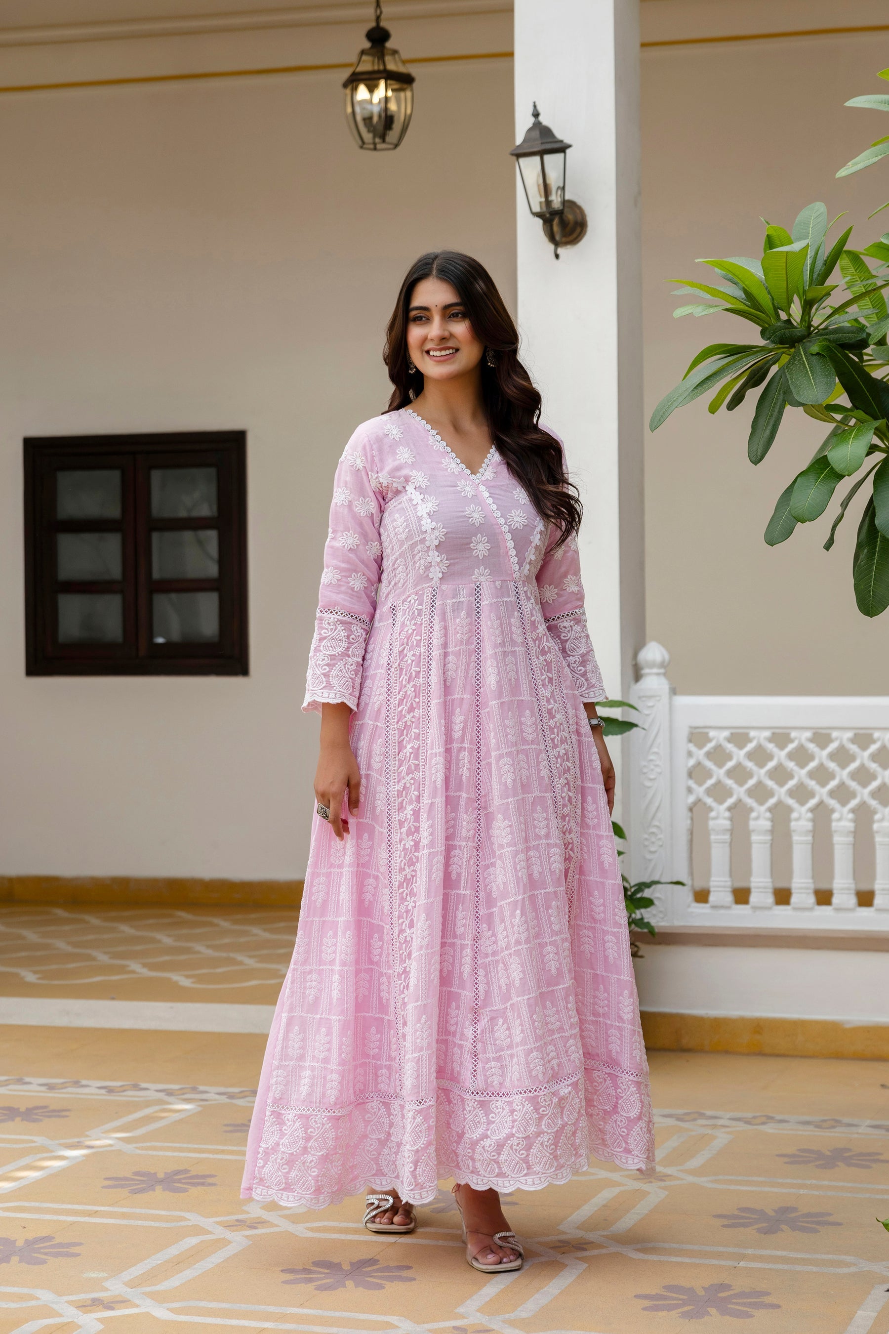 Lorenvalley Fashion Pink Mal Cotton Lakhnowi Work Gown Pant With Dupatta | Grocsy
