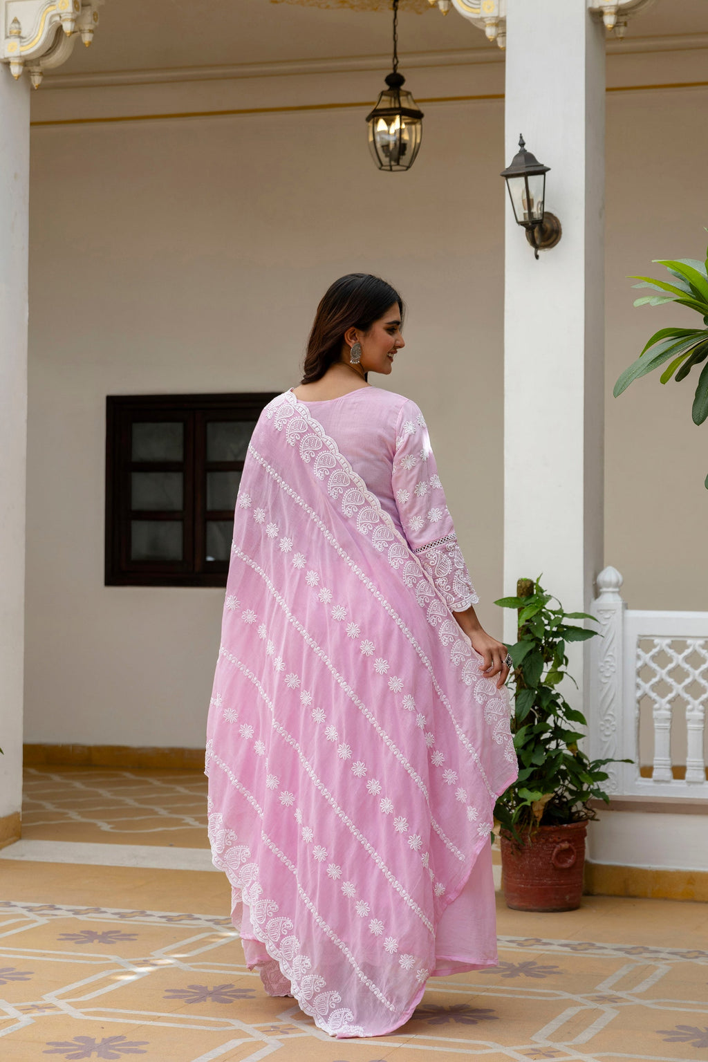 Lorenvalley Fashion Pink Mal Cotton Lakhnowi Work Gown Pant With Dupatta | Grocsy