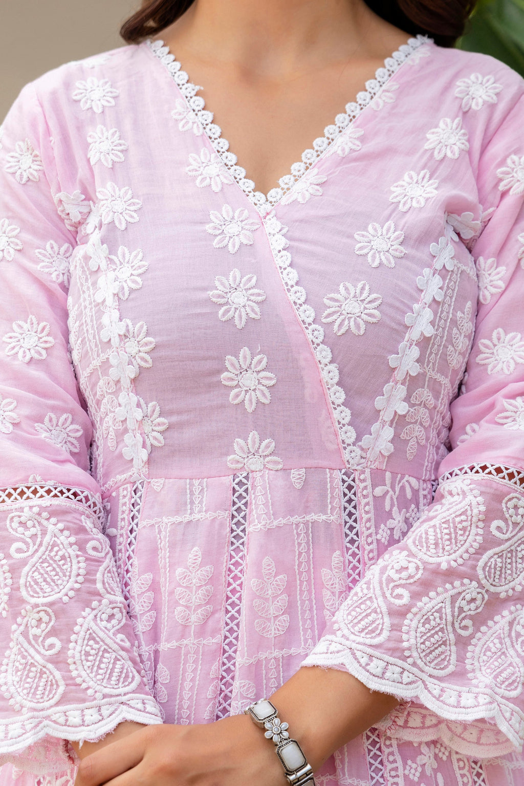 Lorenvalley Fashion Pink Mal Cotton Lakhnowi Work Gown Pant With Dupatta | Grocsy