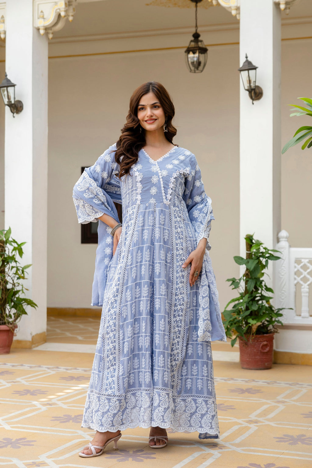 Lorenvalley Fashion Skyblue Mal Cotton Lakhnowi Work Gown Pant With Dupatta | Grocsy
