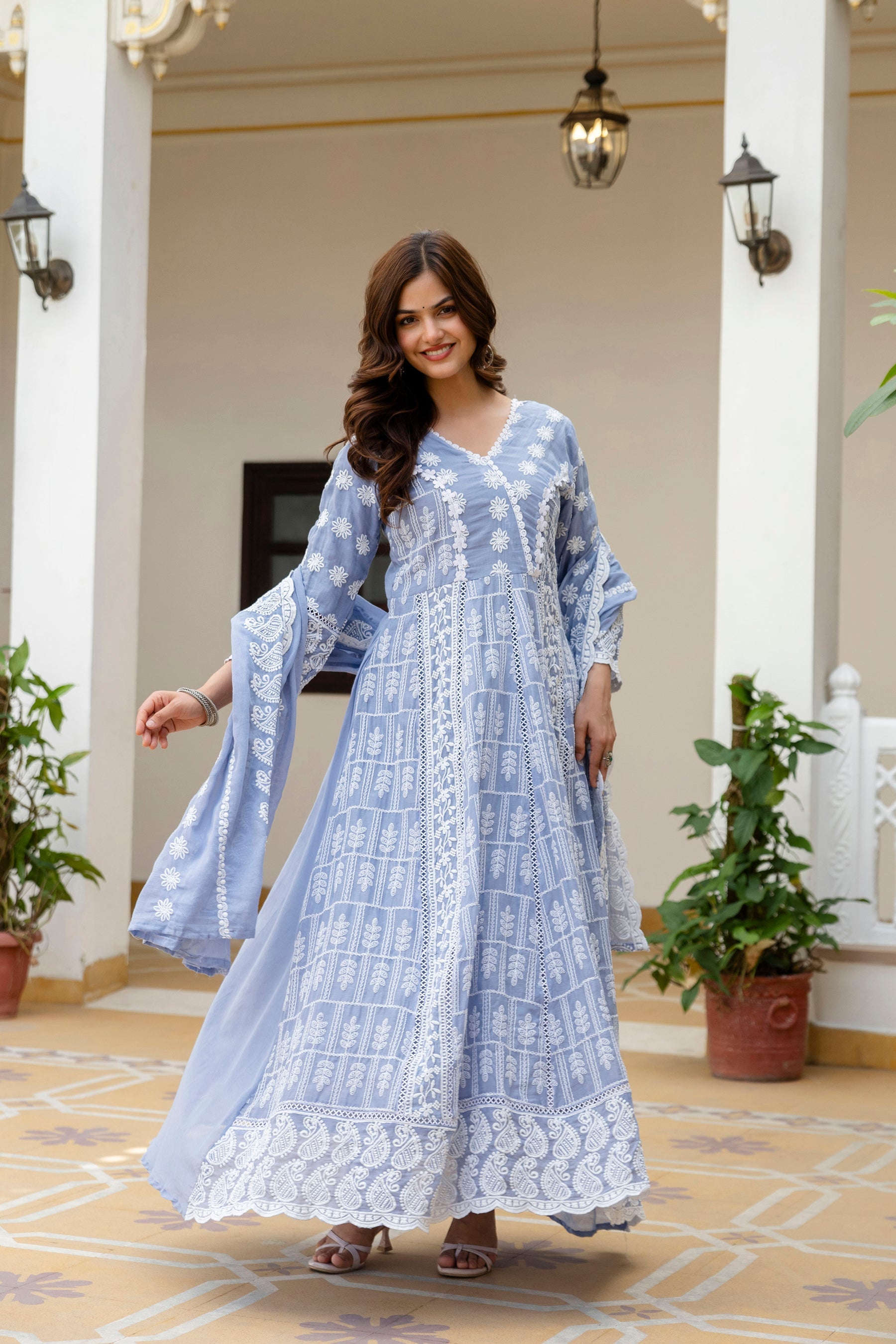 Lorenvalley Fashion Skyblue Mal Cotton Lakhnowi Work Gown Pant With Dupatta | Grocsy