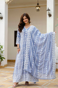 Lorenvalley Fashion Skyblue Mal Cotton Lakhnowi Work Gown Pant With Dupatta | Grocsy