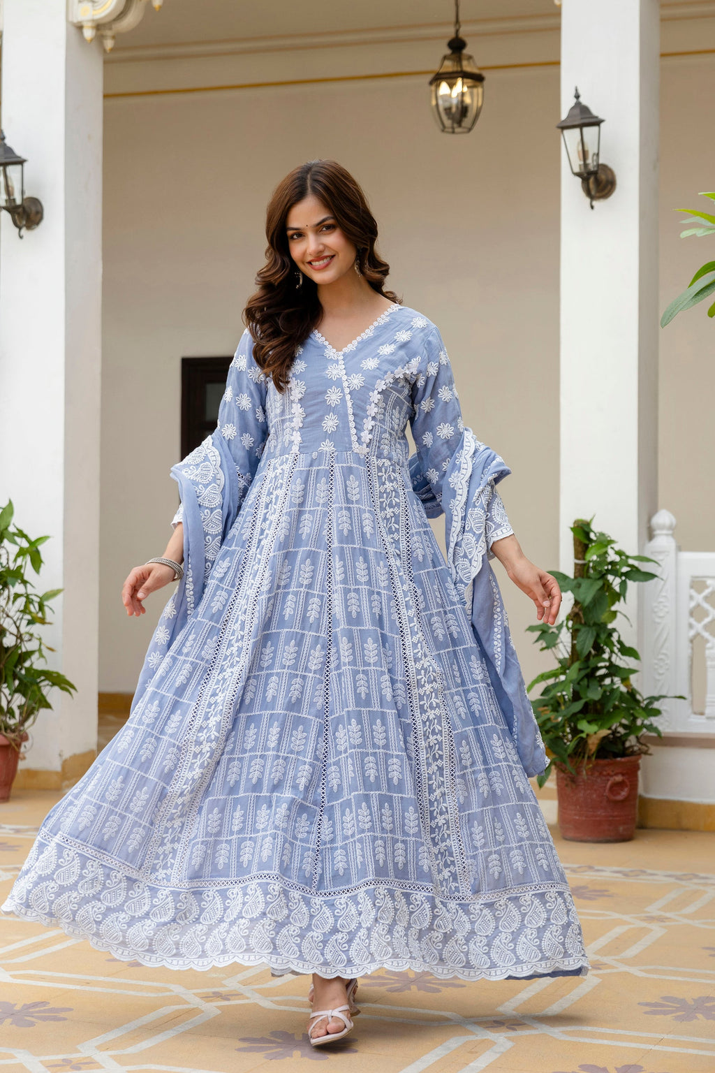 Lorenvalley Fashion Skyblue Mal Cotton Lakhnowi Work Gown Pant With Dupatta | Grocsy