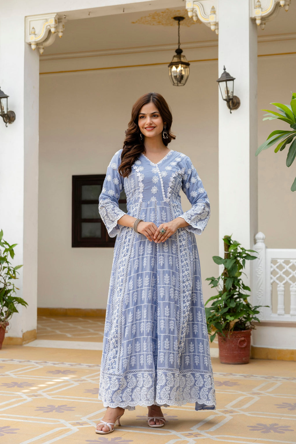 Lorenvalley Fashion Skyblue Mal Cotton Lakhnowi Work Gown Pant With Dupatta | Grocsy