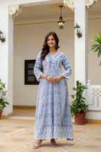 Lorenvalley Fashion Skyblue Mal Cotton Lakhnowi Work Gown Pant With Dupatta | Grocsy