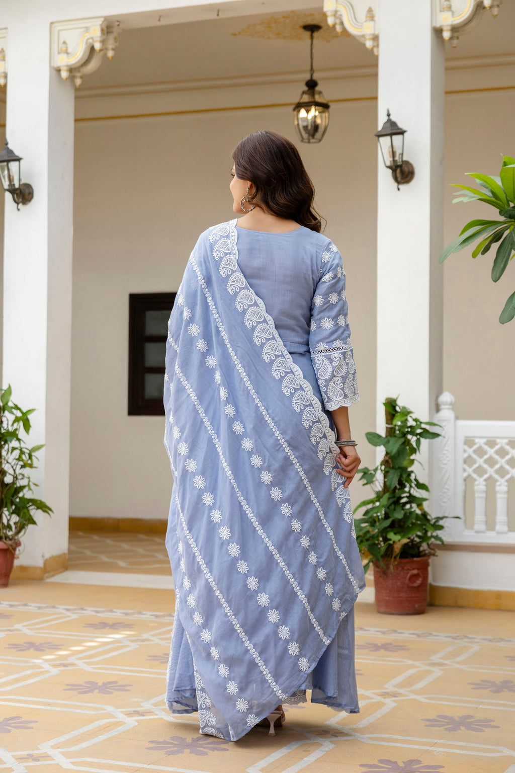 Lorenvalley Fashion Skyblue Mal Cotton Lakhnowi Work Gown Pant With Dupatta | Grocsy