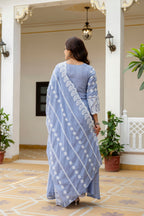 Lorenvalley Fashion Skyblue Mal Cotton Lakhnowi Work Gown Pant With Dupatta | Grocsy