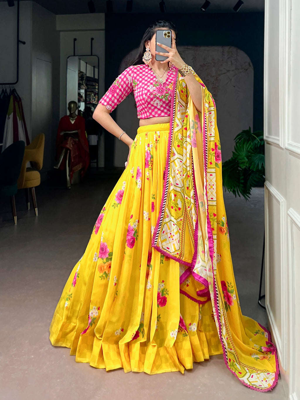 Lorenvalley Fashion Yellow Floral Georgette With Elegant Printed Lehenga Choli With Dupatta | Grocsy