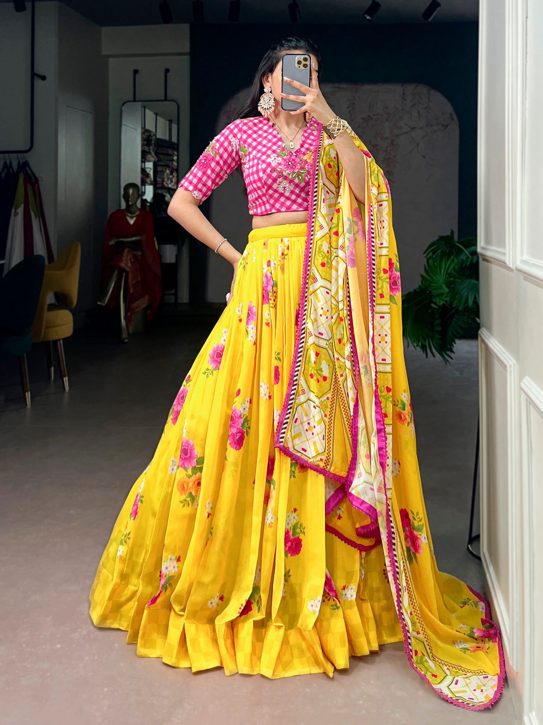 Lorenvalley Fashion Yellow Floral Georgette With Elegant Printed Lehenga Choli With Dupatta | Grocsy