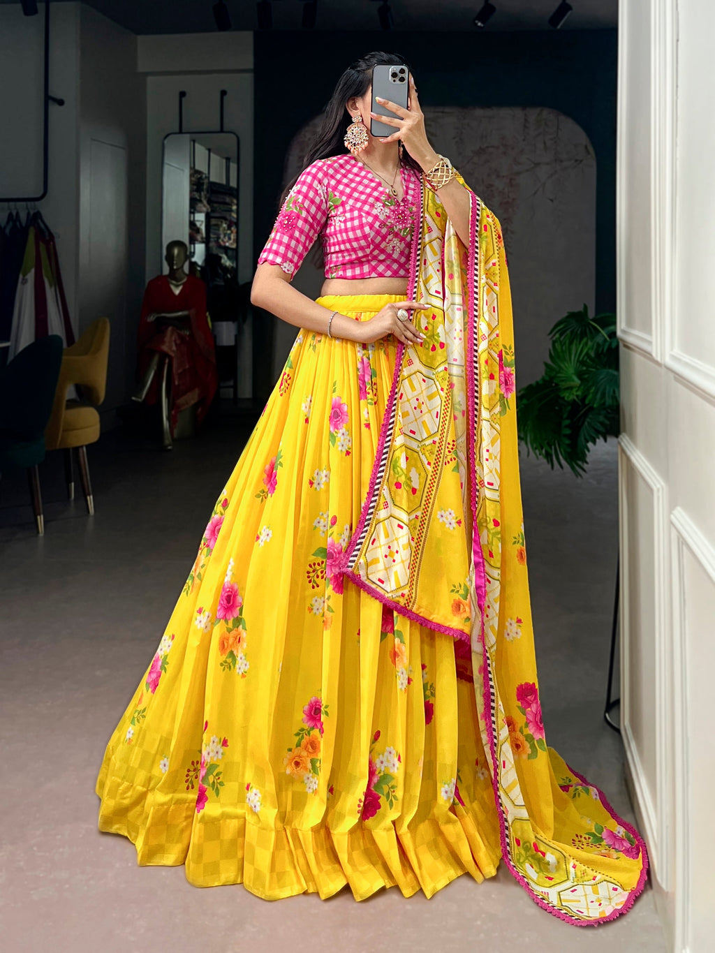 Lorenvalley Fashion Yellow Floral Georgette With Elegant Printed Lehenga Choli With Dupatta | Grocsy