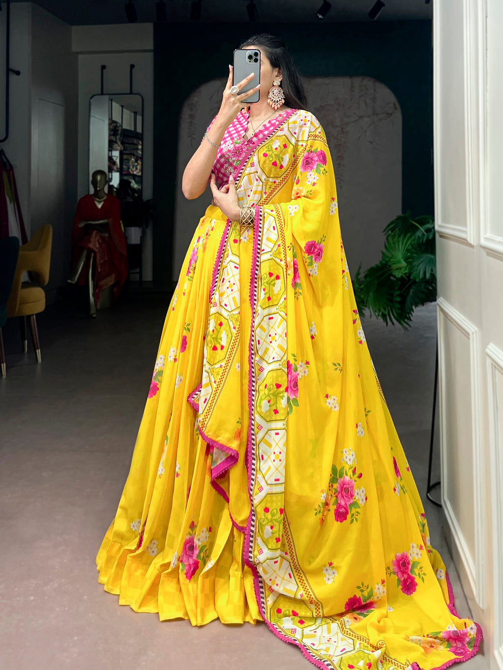 Lorenvalley Fashion Yellow Floral Georgette With Elegant Printed Lehenga Choli With Dupatta | Grocsy