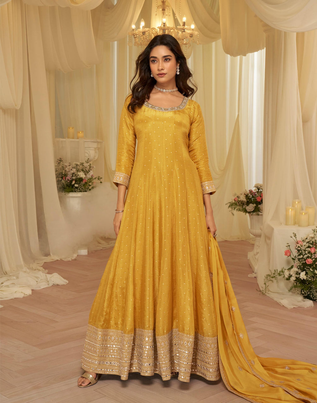 Anaita Yellow Chinon Stitched Jacquard Anarkali Suit With Codding Dori & Sequence Work | Grocsy