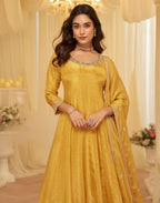 Anaita Yellow Chinon Stitched Jacquard Anarkali Suit With Codding Dori & Sequence Work | Grocsy