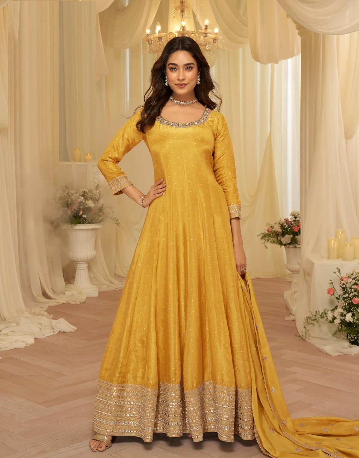 Anaita Yellow Chinon Stitched Jacquard Anarkali Suit With Codding Dori & Sequence Work | Grocsy