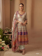 Anaita Beige Crepe Silk Stitched Suit with Digital Print & Zari Work | Grocsy