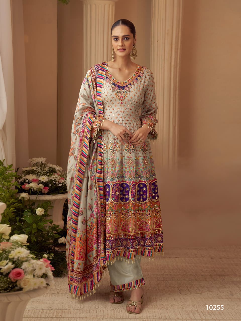 Anaita Beige Crepe Silk Stitched Suit with Digital Print & Zari Work | Grocsy