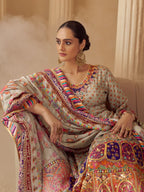 Anaita Beige Crepe Silk Stitched Suit with Digital Print & Zari Work | Grocsy
