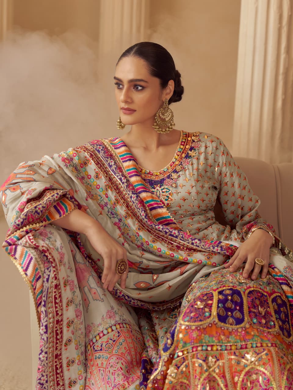 Anaita Beige Crepe Silk Stitched Suit with Digital Print & Zari Work | Grocsy