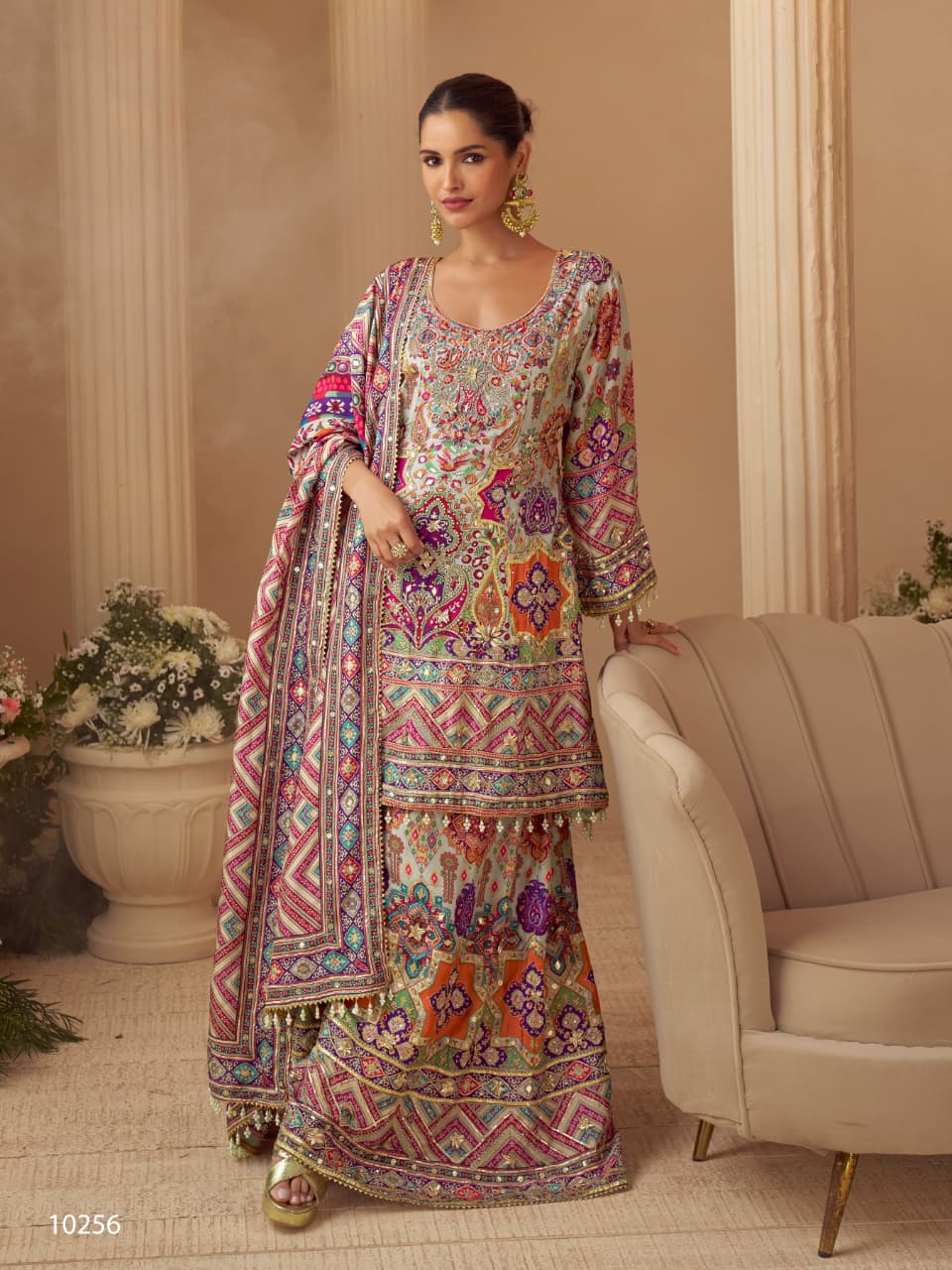 Anaita Multicolor Crepe Silk Stitched Suit with Digital Print & Zari Work | Grocsy