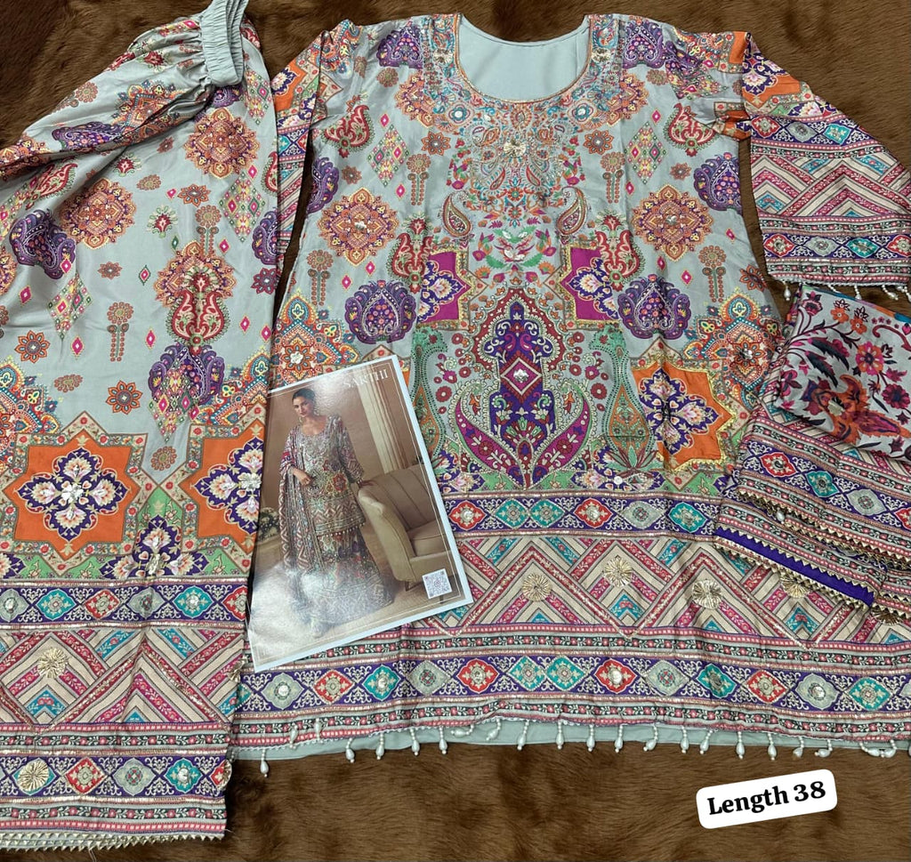 Anaita Multicolor Crepe Silk Stitched Suit with Digital Print & Zari Work | Grocsy