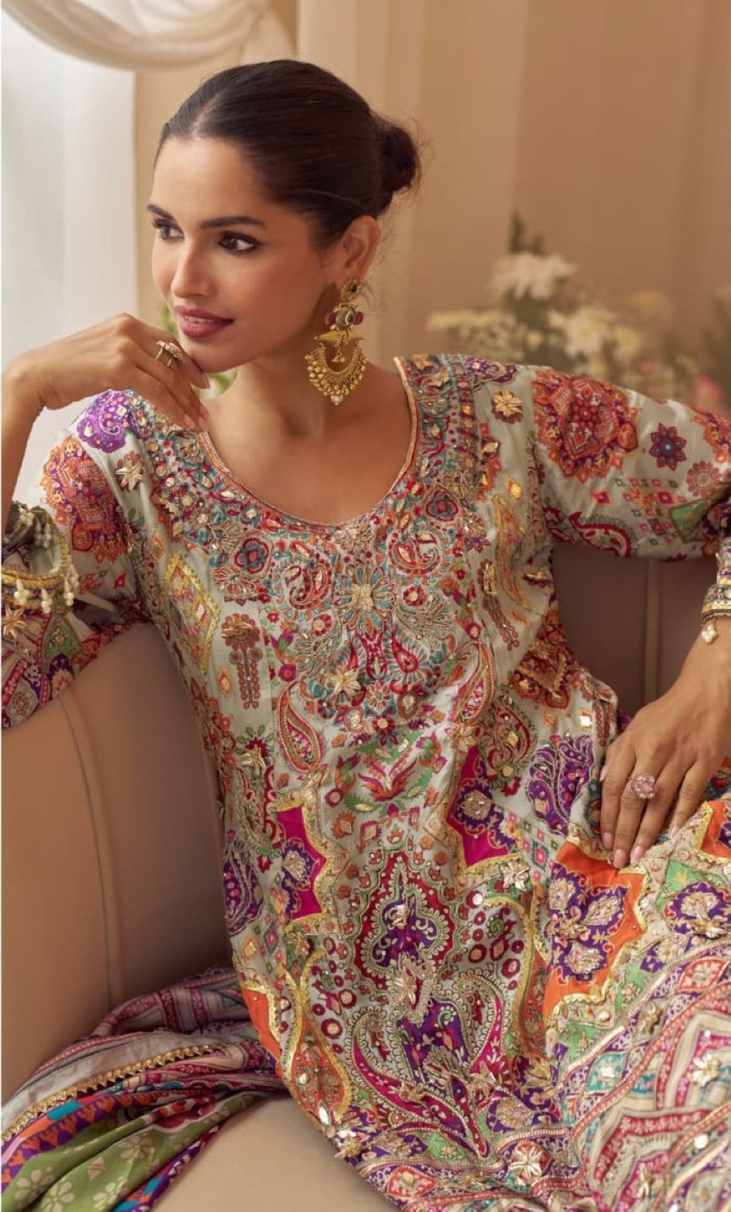Anaita Multicolor Crepe Silk Stitched Suit with Digital Print & Zari Work | Grocsy