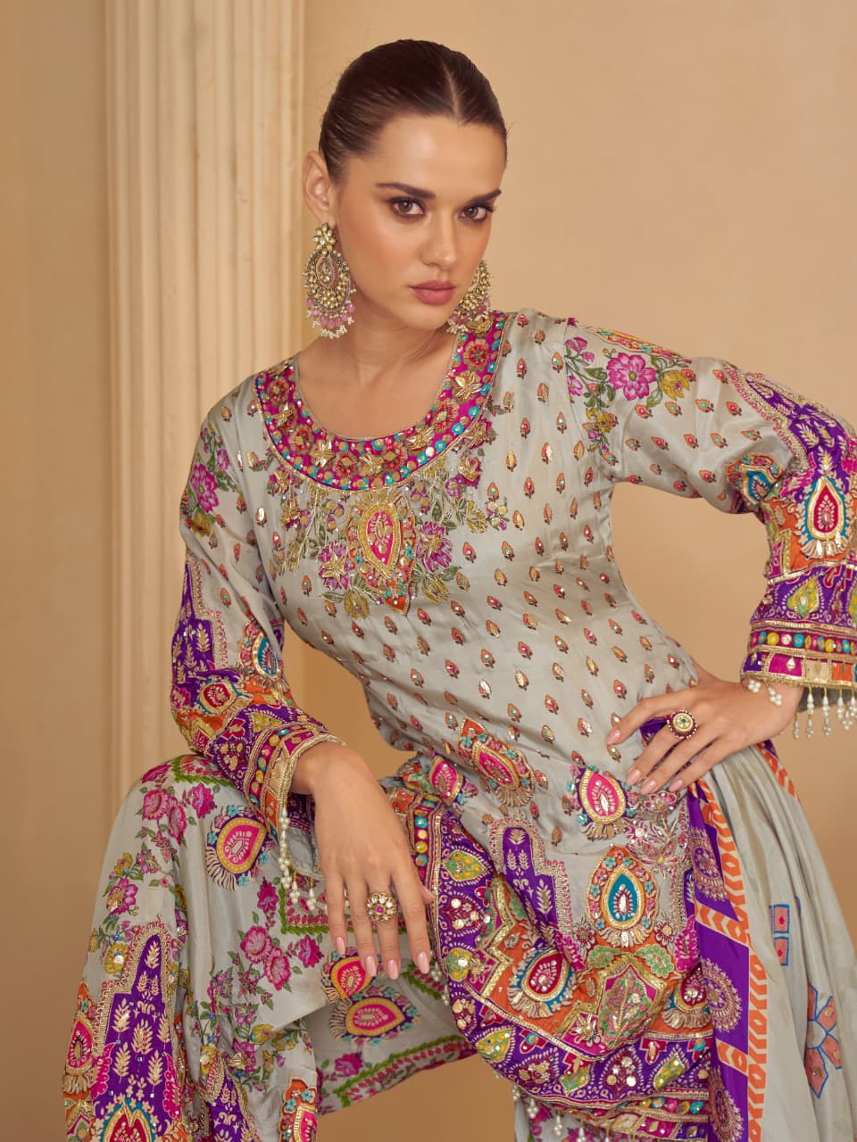 Anaita Blue Crepe Silk Stitched Suit with Digital Print & Zari Work | Grocsy