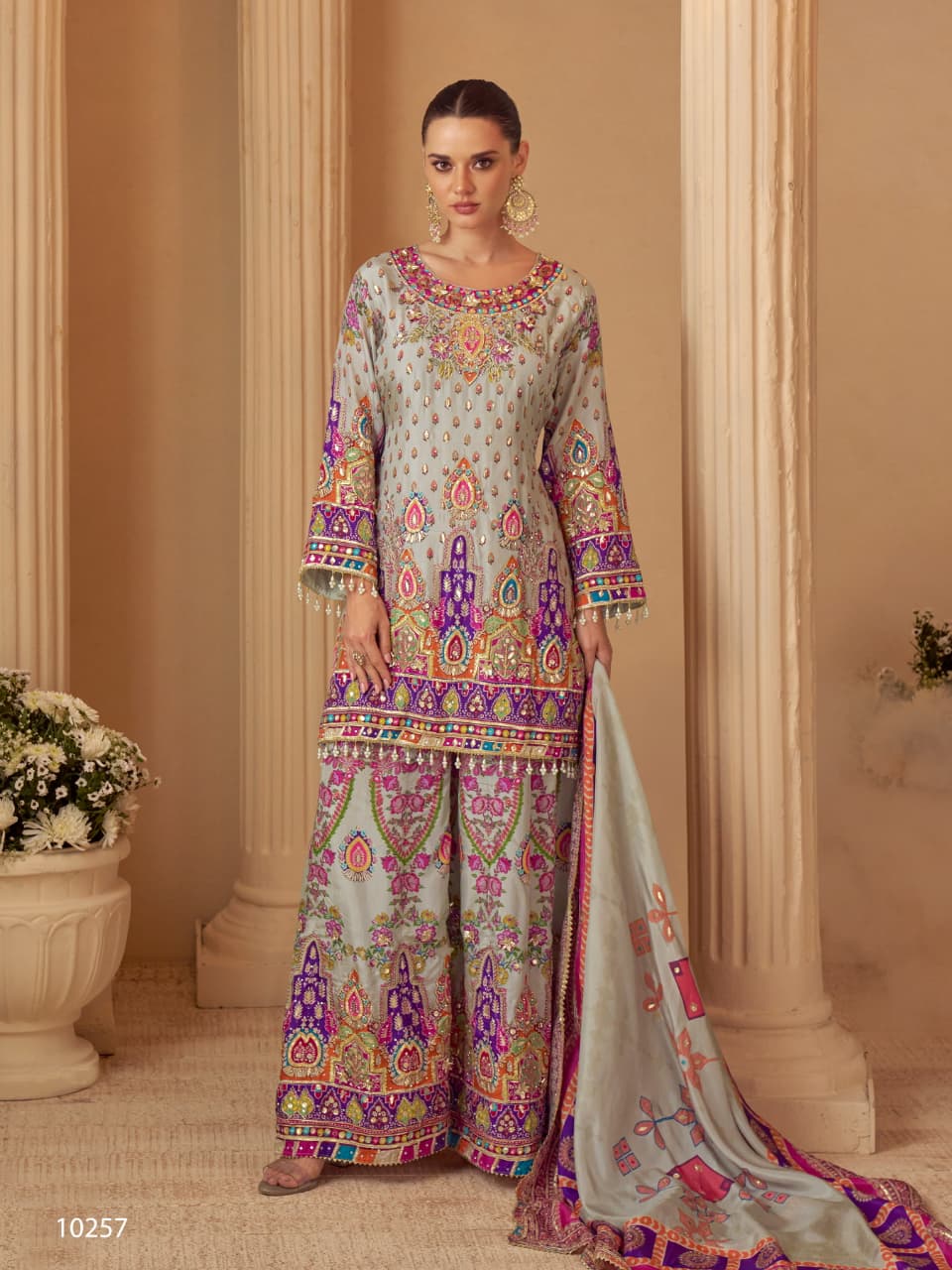 Anaita Blue Crepe Silk Stitched Suit with Digital Print & Zari Work | Grocsy