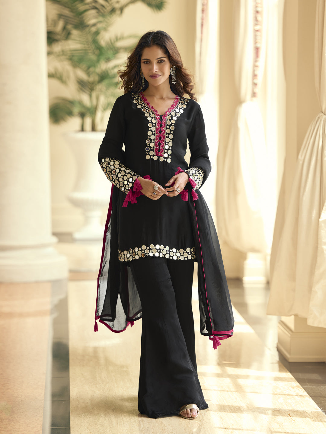 Evanik Black Vichitra Silk Real Mirror Embroidery Work Kurta Pant With Dupatta | Grocsy