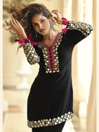 Evanik Black Vichitra Silk Real Mirror Embroidery Work Kurta Pant With Dupatta | Grocsy