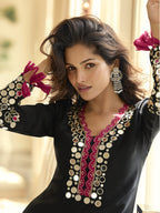 Evanik Black Vichitra Silk Real Mirror Embroidery Work Kurta Pant With Dupatta | Grocsy