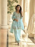 Evanik Skyblue Silk Real Mirror Embroidery Work Kurta Palazzo With Dupatta | Grocsy