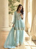 Evanik Skyblue Silk Real Mirror Embroidery Work Kurta Palazzo With Dupatta | Grocsy
