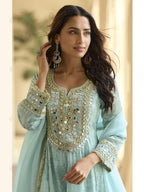 Evanik Skyblue Silk Real Mirror Embroidery Work Kurta Palazzo With Dupatta | Grocsy