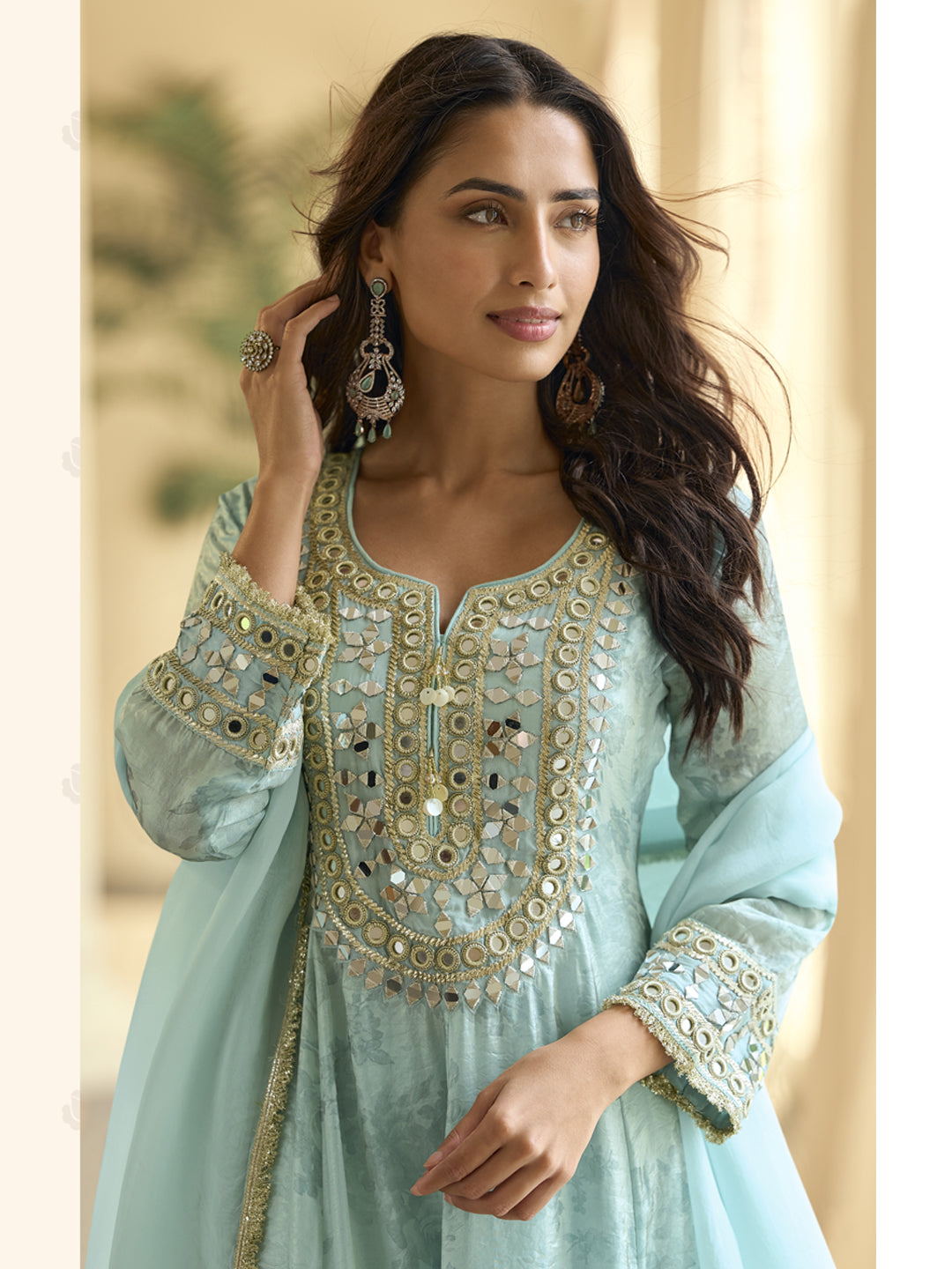 Evanik Skyblue Silk Real Mirror Embroidery Work Kurta Palazzo With Dupatta | Grocsy