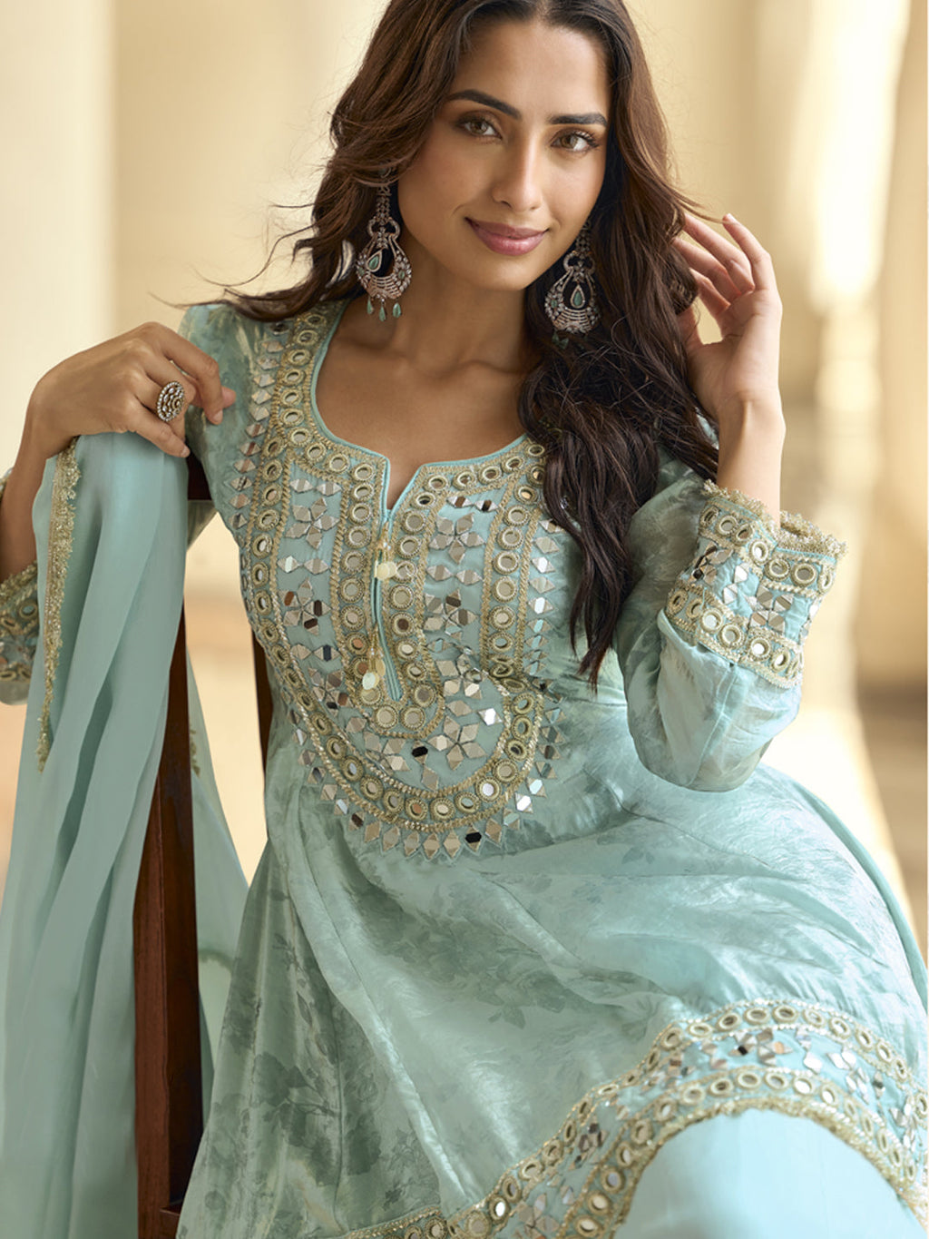 Evanik Skyblue Silk Real Mirror Embroidery Work Kurta Palazzo With Dupatta | Grocsy