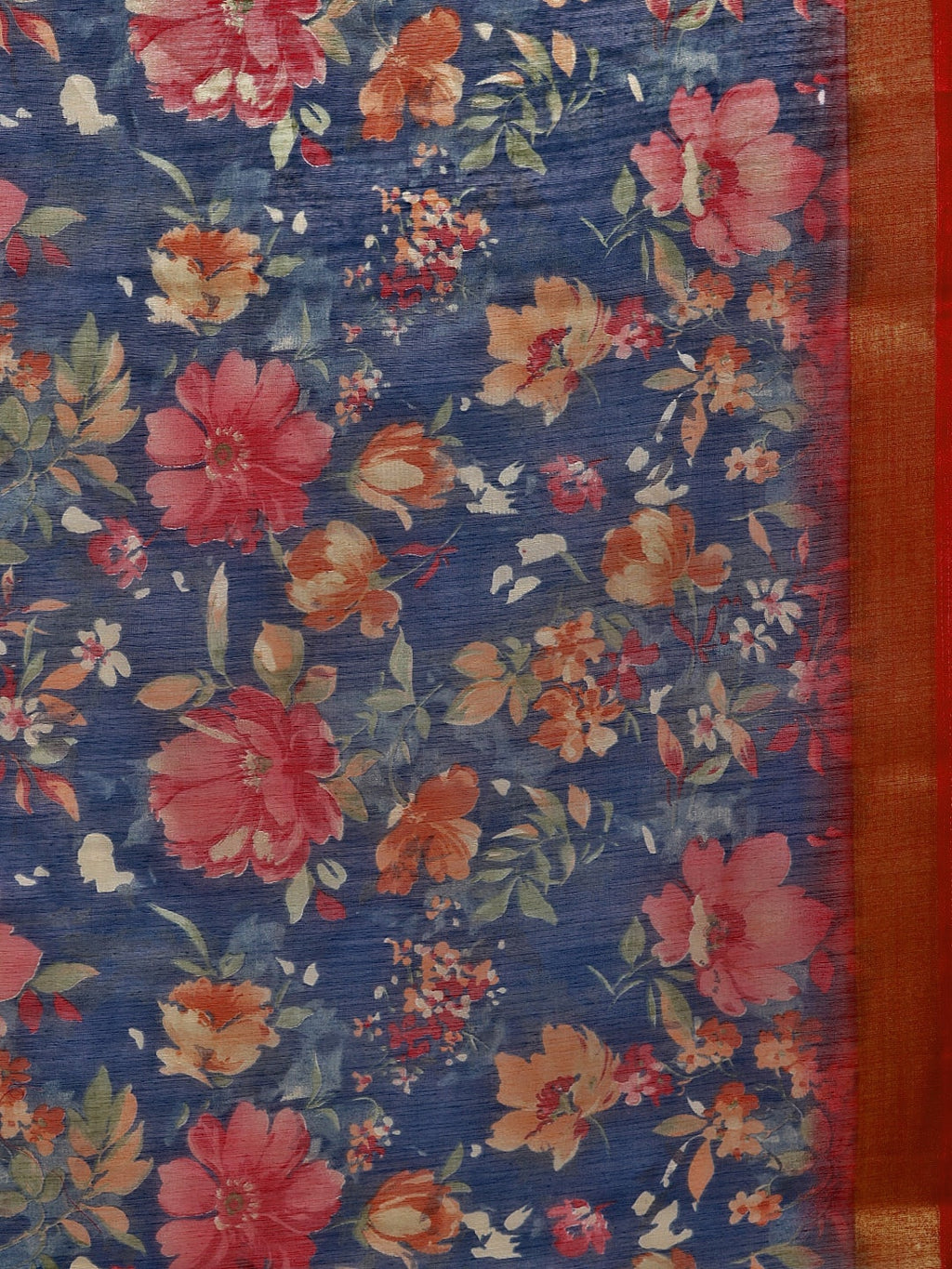 Saree Mall Navy Blue & Red Linen Blend Printed Saree | Grocsy