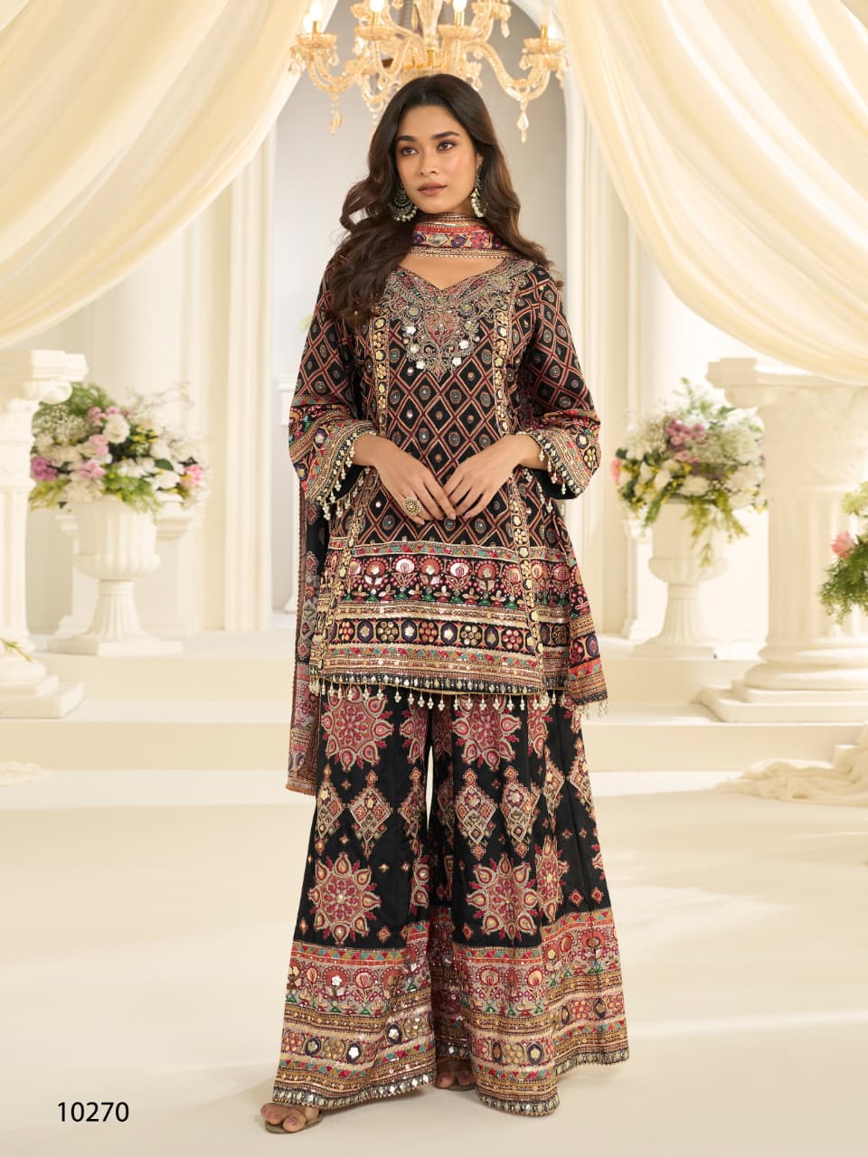 Anaita Black Crepe Silk Stitched Suit with Aari & Digital Print Work | Grocsy
