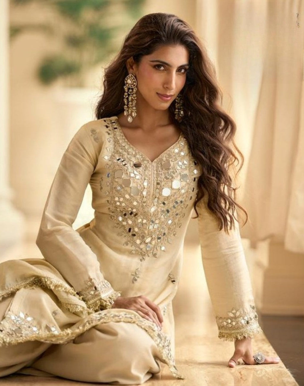 Anaita Off White Vichitra Silk Readymade Suit with Real Mirror Hand Work | Grocsy