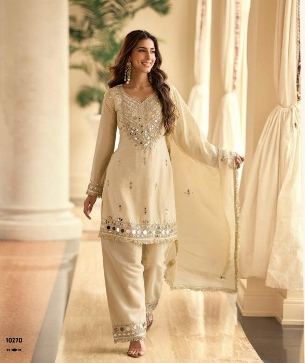Anaita Off White Vichitra Silk Readymade Suit with Real Mirror Hand Work | Grocsy
