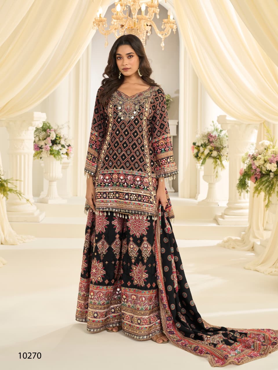 Anaita Black Crepe Silk Stitched Suit with Aari & Digital Print Work | Grocsy