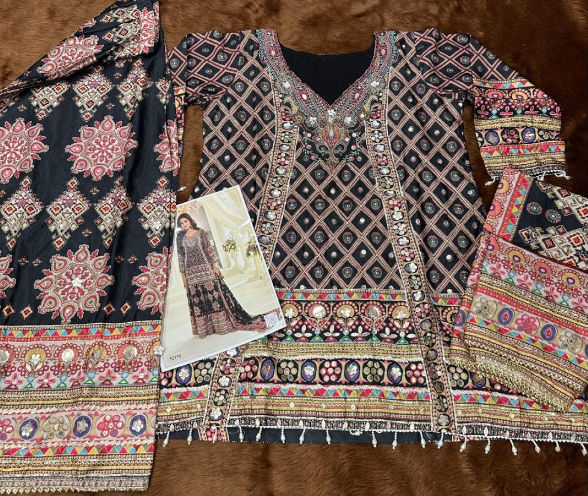 Anaita Black Crepe Silk Stitched Suit with Aari & Digital Print Work | Grocsy