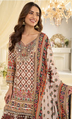 Anaita White Crepe Silk Stitched Suit with Aari & Digital Print Work | Grocsy