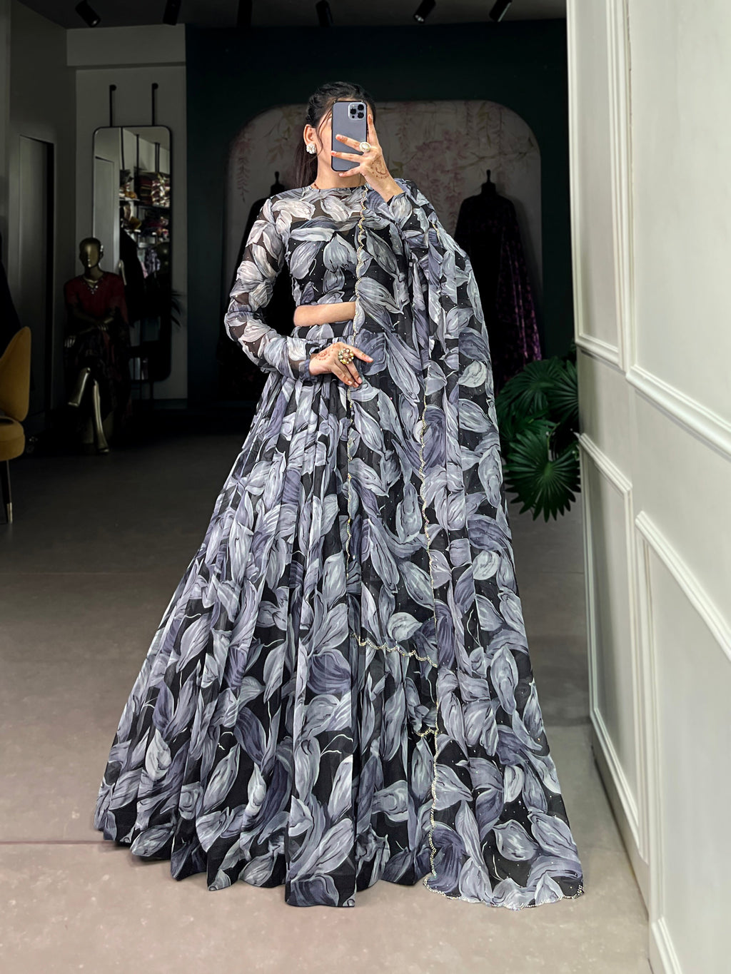 Lorenvalley Black Tabby Silk Printed with Hotfix Lehenga Choli with Dupatta | Grocsy