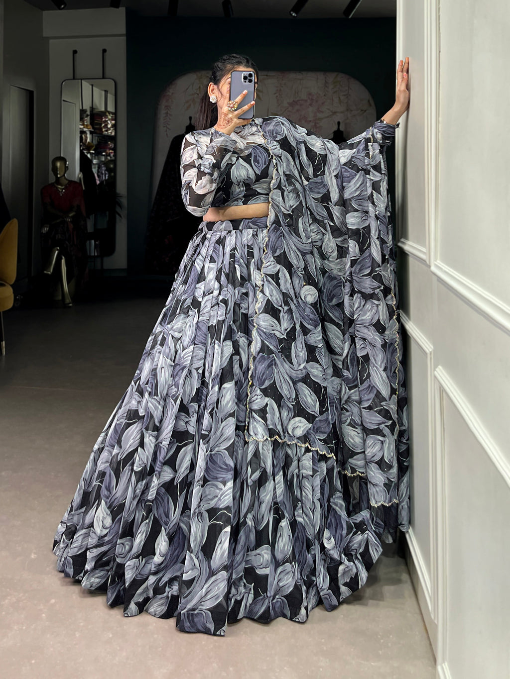 Lorenvalley Black Tabby Silk Printed with Hotfix Lehenga Choli with Dupatta | Grocsy