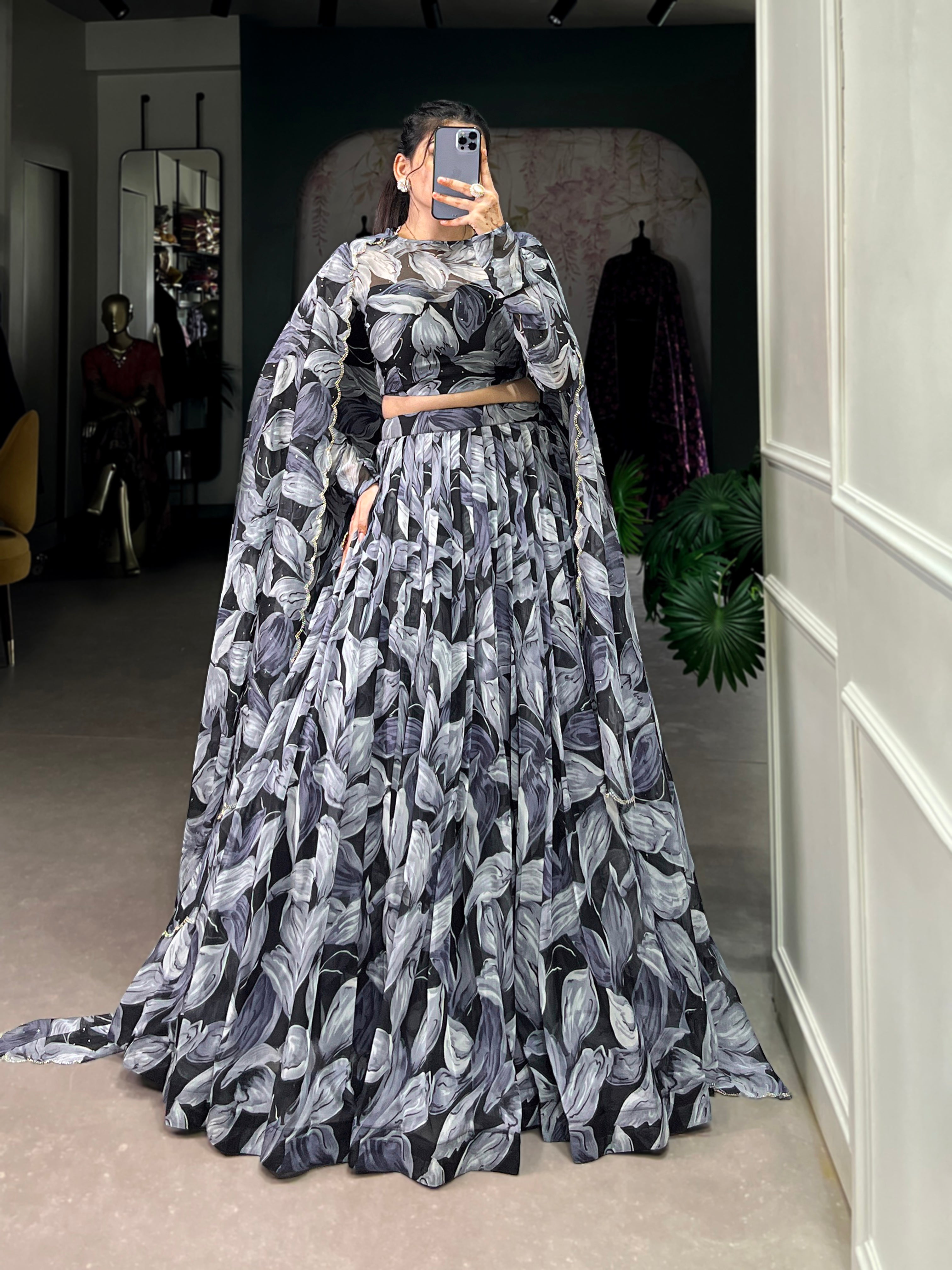 Lorenvalley Black Tabby Silk Printed with Hotfix Lehenga Choli with Dupatta | Grocsy