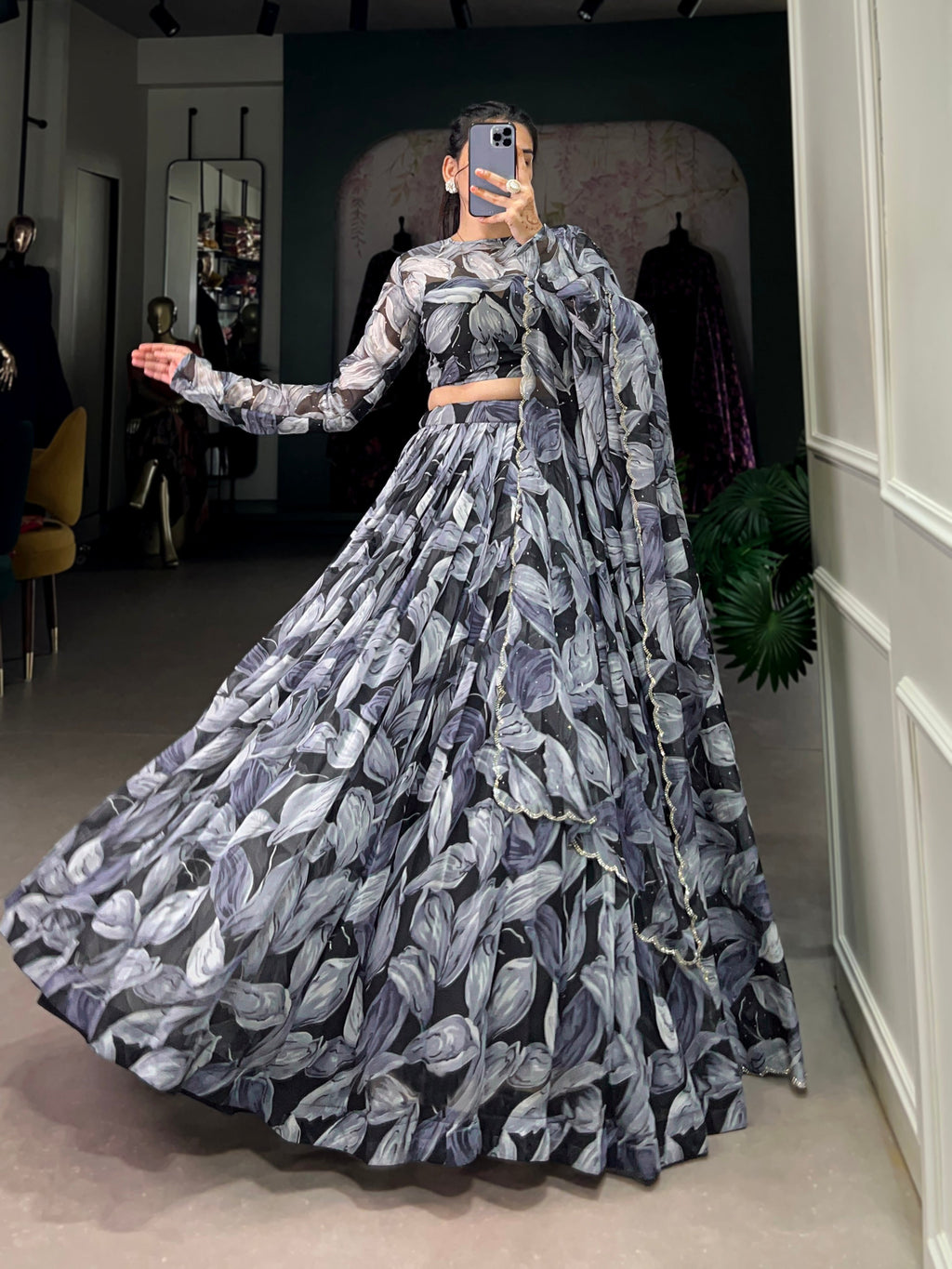 Lorenvalley Black Tabby Silk Printed with Hotfix Lehenga Choli with Dupatta | Grocsy
