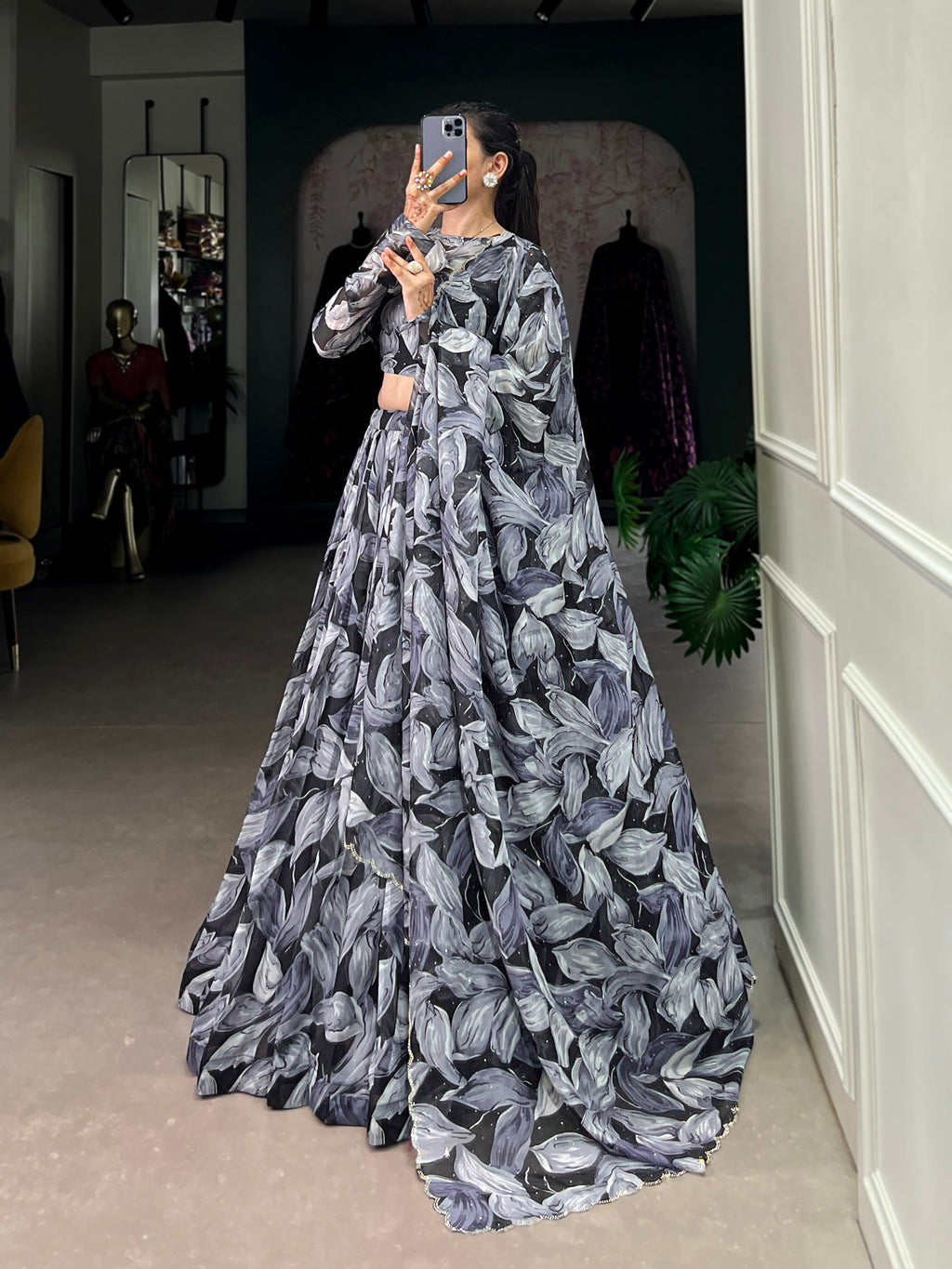 Lorenvalley Black Tabby Silk Printed with Hotfix Lehenga Choli with Dupatta | Grocsy