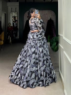 Lorenvalley Black Tabby Silk Printed with Hotfix Lehenga Choli with Dupatta | Grocsy