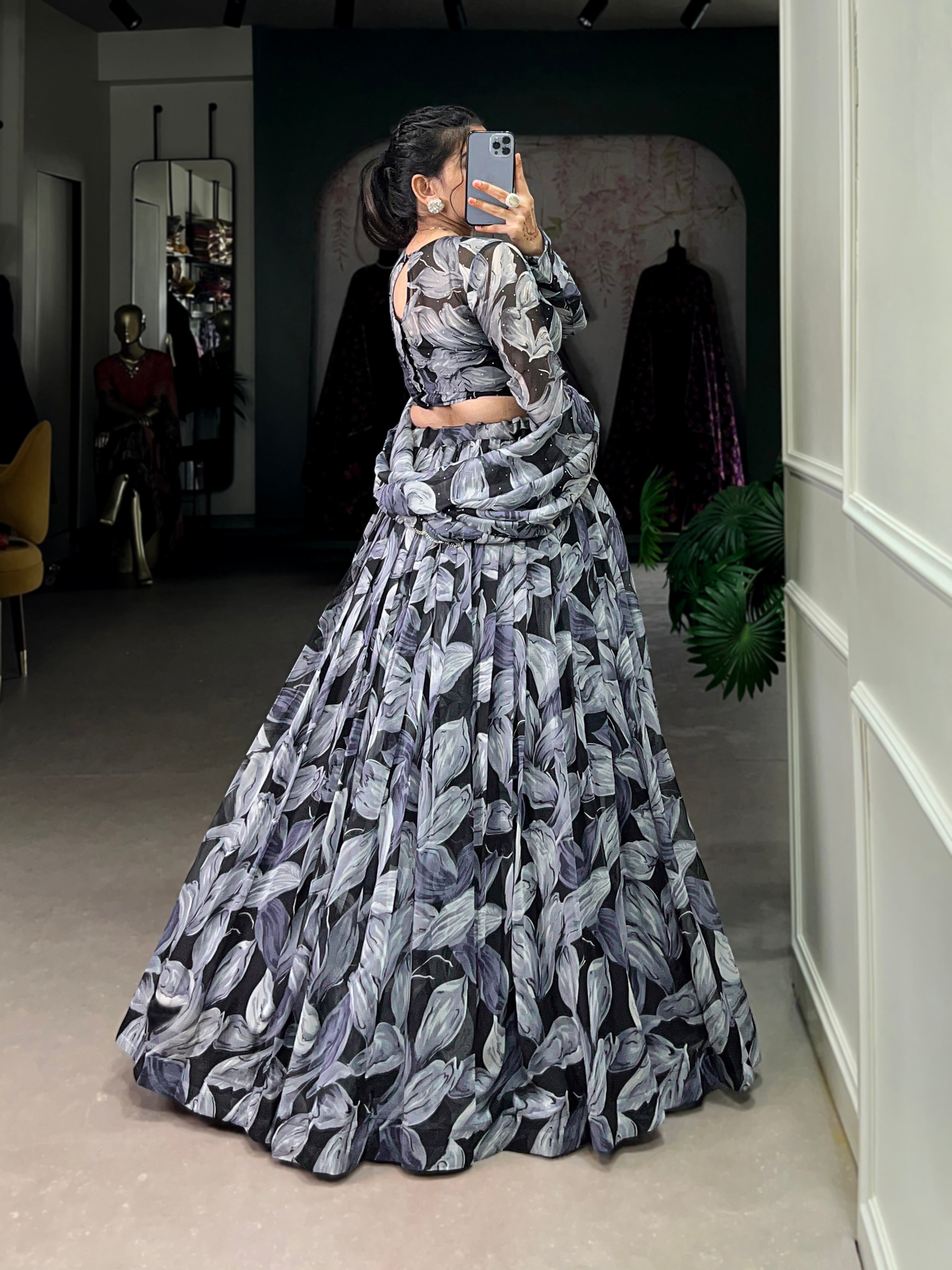 Lorenvalley Black Tabby Silk Printed with Hotfix Lehenga Choli with Dupatta | Grocsy